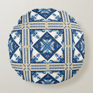 Mediterranean Tiles, Portuguese, Azulejo, Majolica Round Cushion