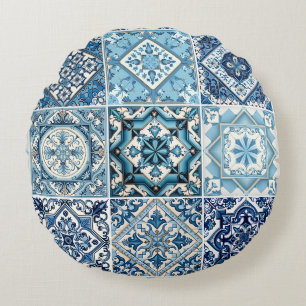 Mediterranean Tiles, Portuguese, Azulejo, Majolica Round Cushion