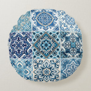 Mediterranean Tiles, Portuguese, Azulejo, Majolica Round Cushion