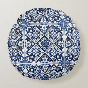 Mediterranean Tiles, Portuguese, Azulejo, Majolica Round Cushion
