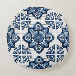 Mediterranean Tiles, Portuguese, Azulejo, Majolica Round Cushion