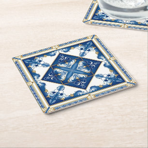 Mediterranean Tiles, Portuguese, Azulejo, Majolica Square Paper Coaster