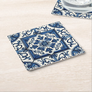 Mediterranean Tiles, Portuguese, Azulejo, Majolica Square Paper Coaster