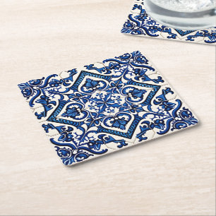 Mediterranean Tiles, Portuguese, Azulejo, Majolica Square Paper Coaster