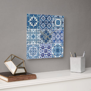 Mediterranean Tiles, Portuguese, Azulejo, Majolica Square Wall Clock