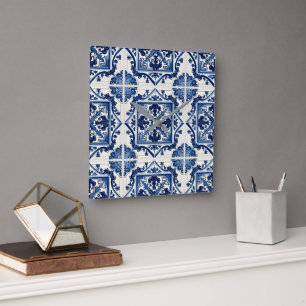 Mediterranean Tiles, Portuguese, Azulejo, Majolica Square Wall Clock