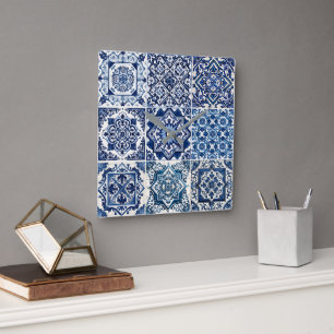 Mediterranean Tiles, Portuguese, Azulejo, Majolica Square Wall Clock