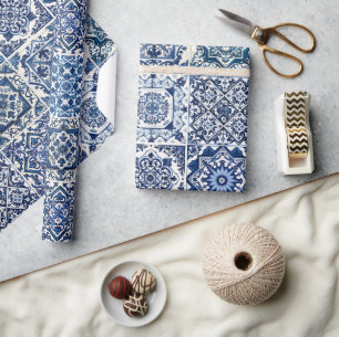 Mediterranean Tiles, Portuguese, Azulejo, Majolica Wrapping Paper