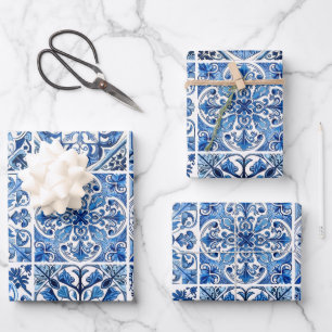 Mediterranean Tiles, Portuguese, Azulejo, Majolica Wrapping Paper Sheet