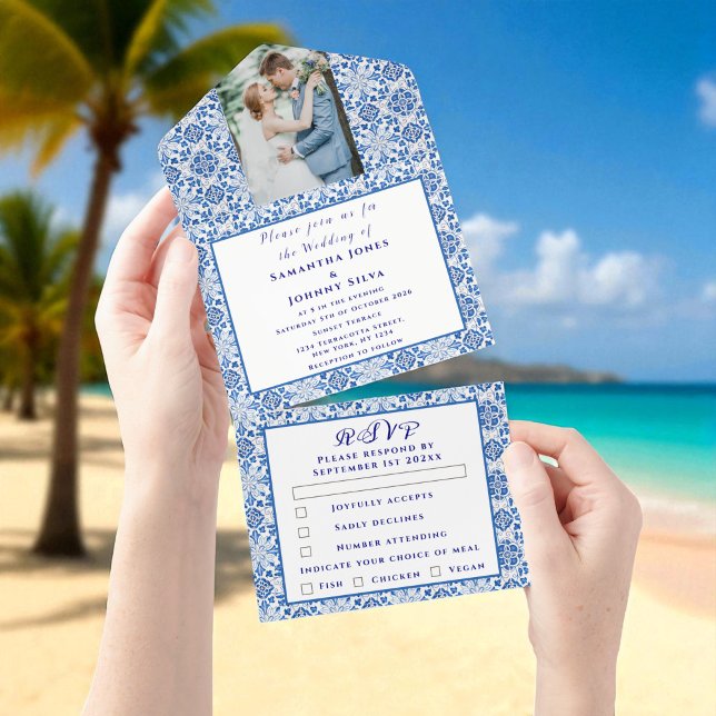 Mediterranean Tiles Portuguese Photo Wedding  All In One Invitation (Creator Uploaded)