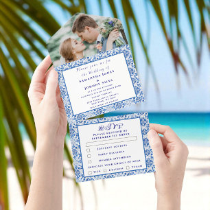 Mediterranean Tiles Portuguese Photo Wedding All In One Invitation