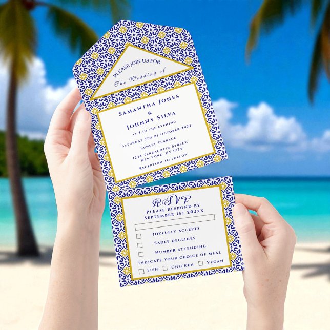 Mediterranean Tiles Portuguese Rustic Wedding All In One Invitation (Creator Uploaded)