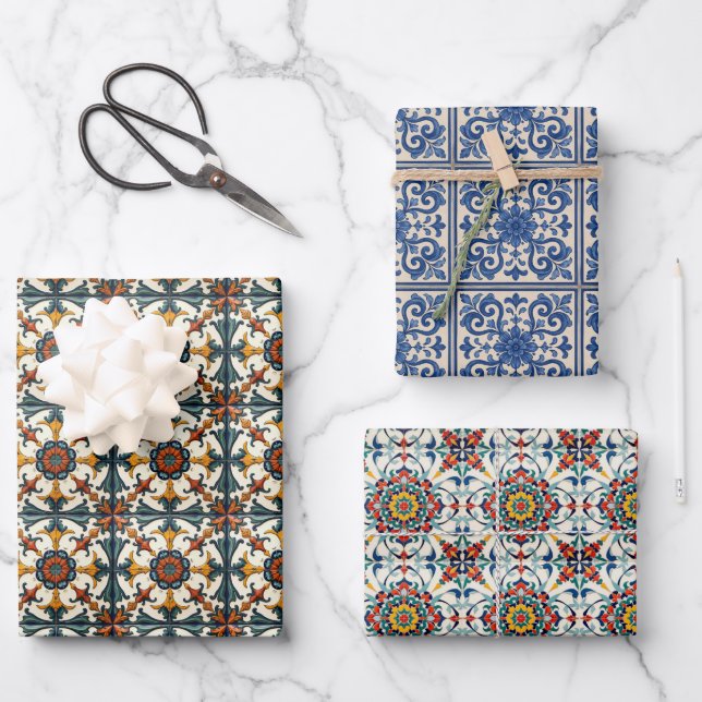 Mediterranean Tiles Wrapping Papers Folk Art 3 Set Wrapping Paper Sheet (Front)