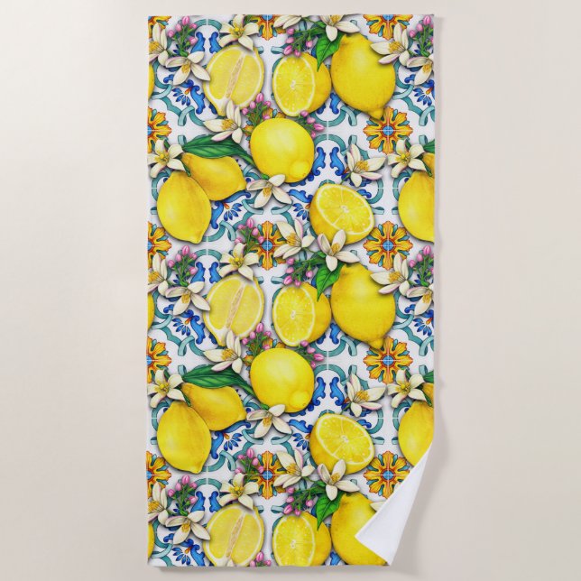Mediterranean Traditional Pattern With Lemons Beach Towel (Front)