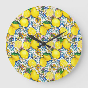 Mediterranean Traditional Pattern With Lemons Large Clock