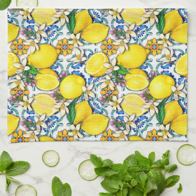 Mediterranean Traditional Pattern With Lemons Tea Towel (Folded)