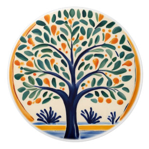 Mediterranean Tree Rustic Blue & Yellow Folk Art Ceramic Knob