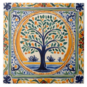 Mediterranean Tree Rustic Blue & Yellow Folk Art Tile
