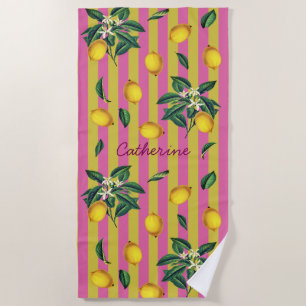 Mediterranean Vintage Lemons Pink Stripes Name Beach Towel