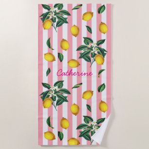 Mediterranean Vintage Lemons Pink Stripes Name Beach Towel