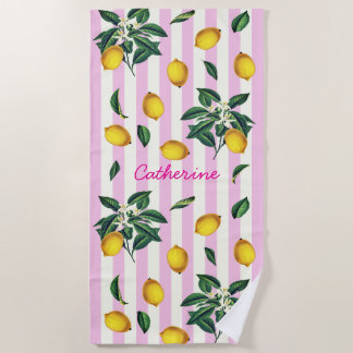 Mediterranean Vintage Lemons Pink Stripes Name Beach Towel