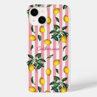 Mediterranean Vintage Lemons Pink Stripes Name Case-Mate iPhone 14 Case