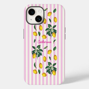 Mediterranean Vintage Lemons Pink Stripes Name iPhone 14 Case