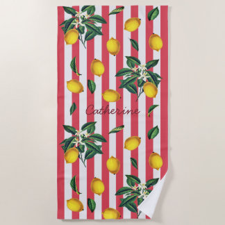 Mediterranean Vintage Lemons Red Stripes Name Beach Towel