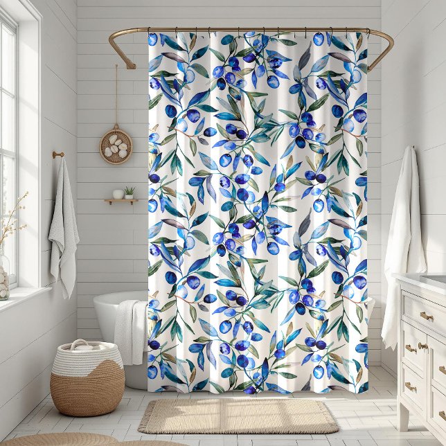 Mediterranean Watercolor Blue Olive Branches Shower Curtain (Mediterranean Watercolor Blue Olive Branches Shower Curtain in a white boho bathroom)