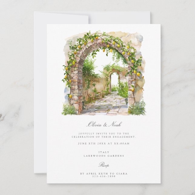 Mediterranean Watercolor Engagement Invitation (Front)