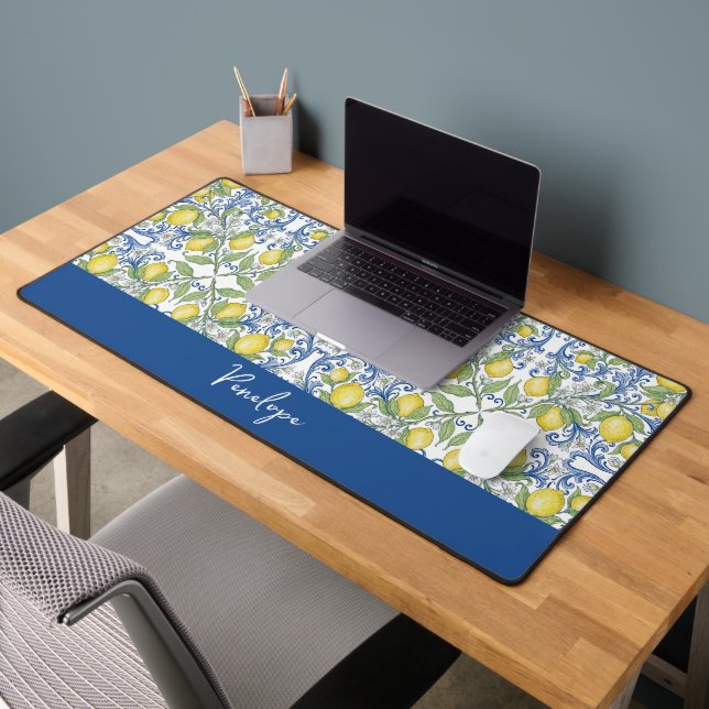 Mediterranean Watercolor Lemon Italian Tile Desk Mat (Office 2)