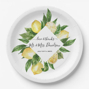 Mediterranean Watercolor Lemon Tropical Wedding Paper Plate