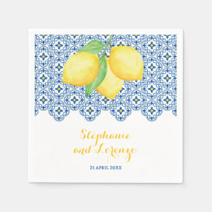Mediterranean Watercolor Lemons Tile Blue Wedding Napkin