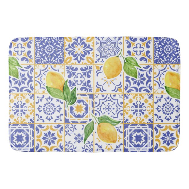 Mediterranean Watercolor Tile Lemon Pattern Bath Mat (Front)