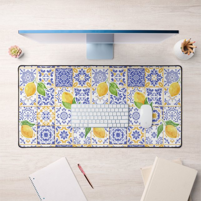 Mediterranean Watercolor Tile Lemon Pattern Desk Mat (Office 1)