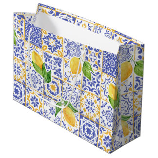 Mediterranean Watercolor Tile Lemon Pattern Large Gift Bag