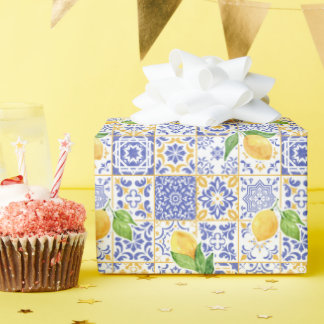Mediterranean Watercolor Tile Lemon Pattern Wrapping Paper