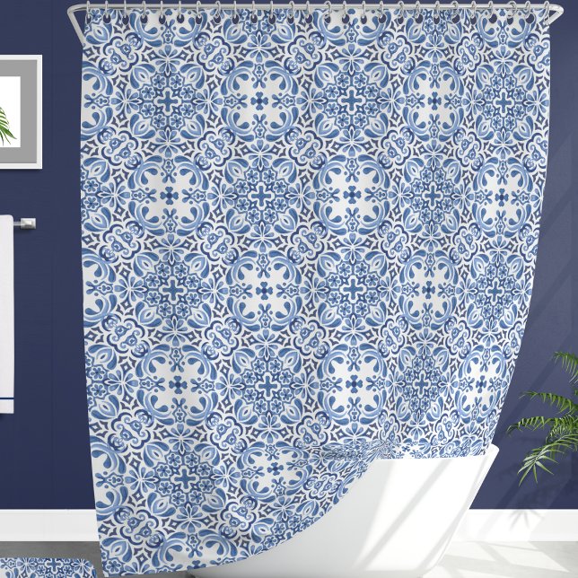 Mediterranean Watercolor Tile Shower Curtain (Creator Uploaded)