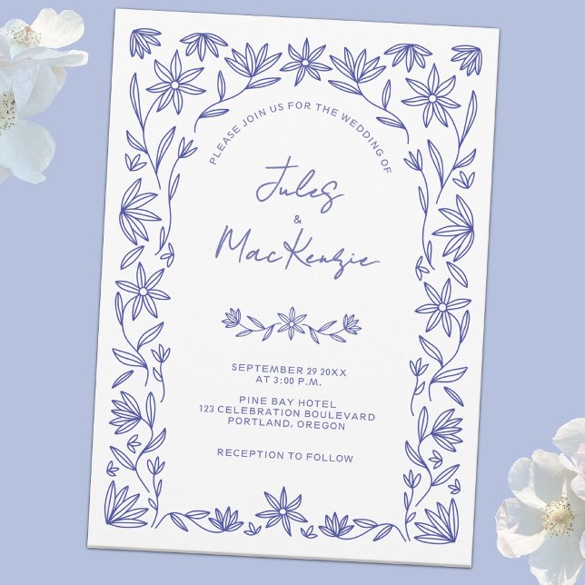 Mediterranean Wedding Blue White Floral Invitation (Modern Mediterranean wildflower line art blue and white wedding invitation)