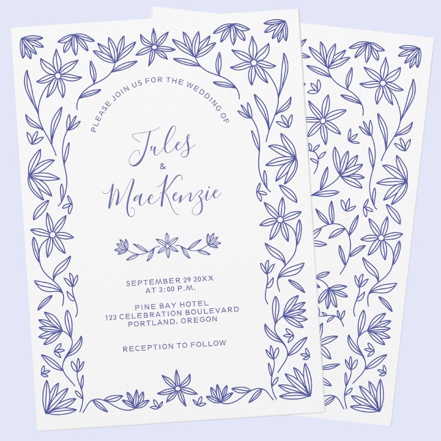 Mediterranean Wedding Blue White Floral Invitation (Modern Mediterranean blue and white floral wedding invitation)