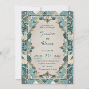Mediterranean Wedding Design – Teal & Gold Mosaic  Invitation