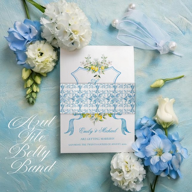 Mediterranean Wedding Invitation Azul Tile Invitation Belly Band (Three belly band design options to choose from to co-ordinate with your envelope liners)