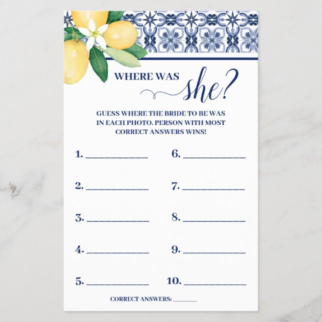 Mediterranean Where was Bride Shower Game Card (Front)