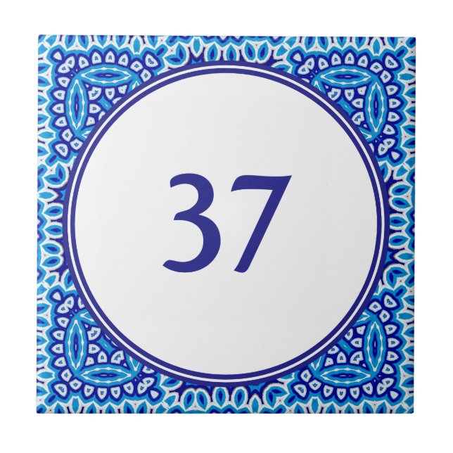   Mediterranean White and Blue House Number Plaque Tile (Front)