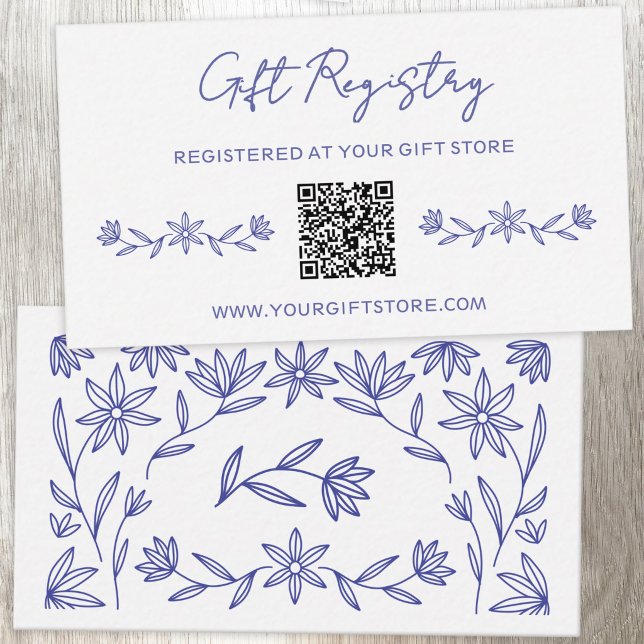Mediterranean Wildflower Gift Registry QR Code Enclosure Card (Modern Mediterranean blue and white floral wildflower line art QR code gift registry enclosure card)