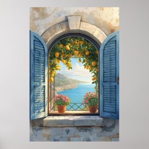 Mediterranean window view frame Coast Lemon Balcon Poster