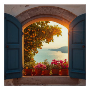 Mediterranean window view frame Coastal lemon tre Poster