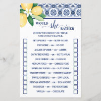 Mediterranean Would She Rather Shower Game Card