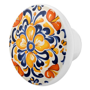 Mediterranean Yellow Blue Floral Sicilian Flower  Ceramic Knob