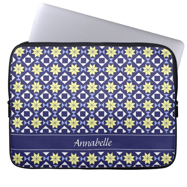 Mediterranean Yellow Blue Floral Tile Pattern Name Laptop Sleeve (Front)